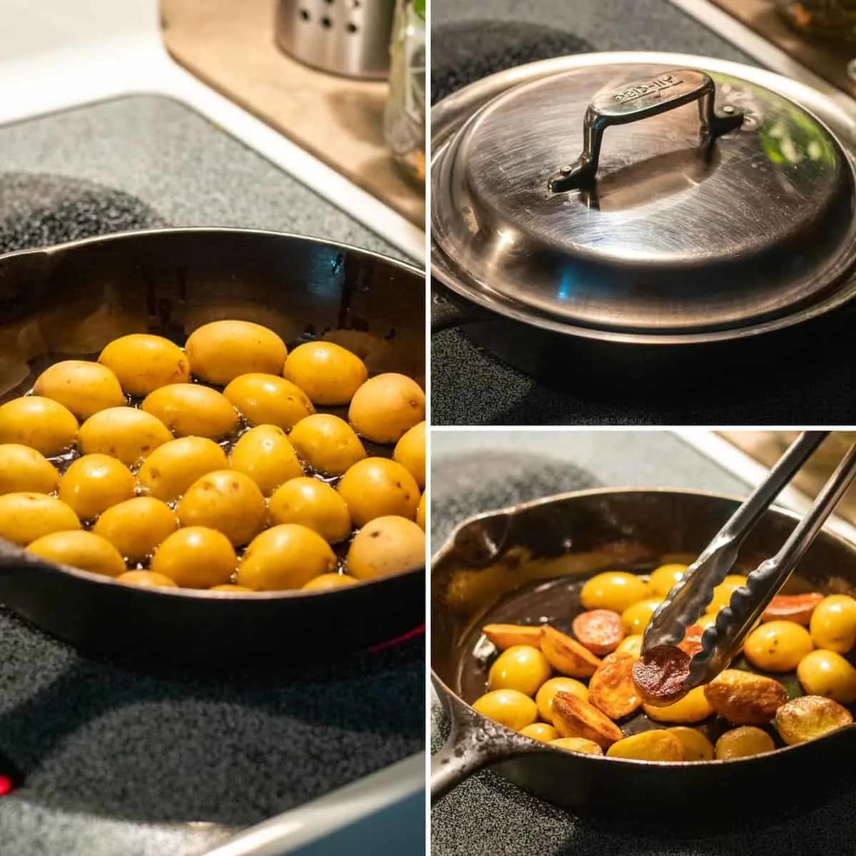 Three photo collage showing how to brown the potatoes in the skillet with a lid.
