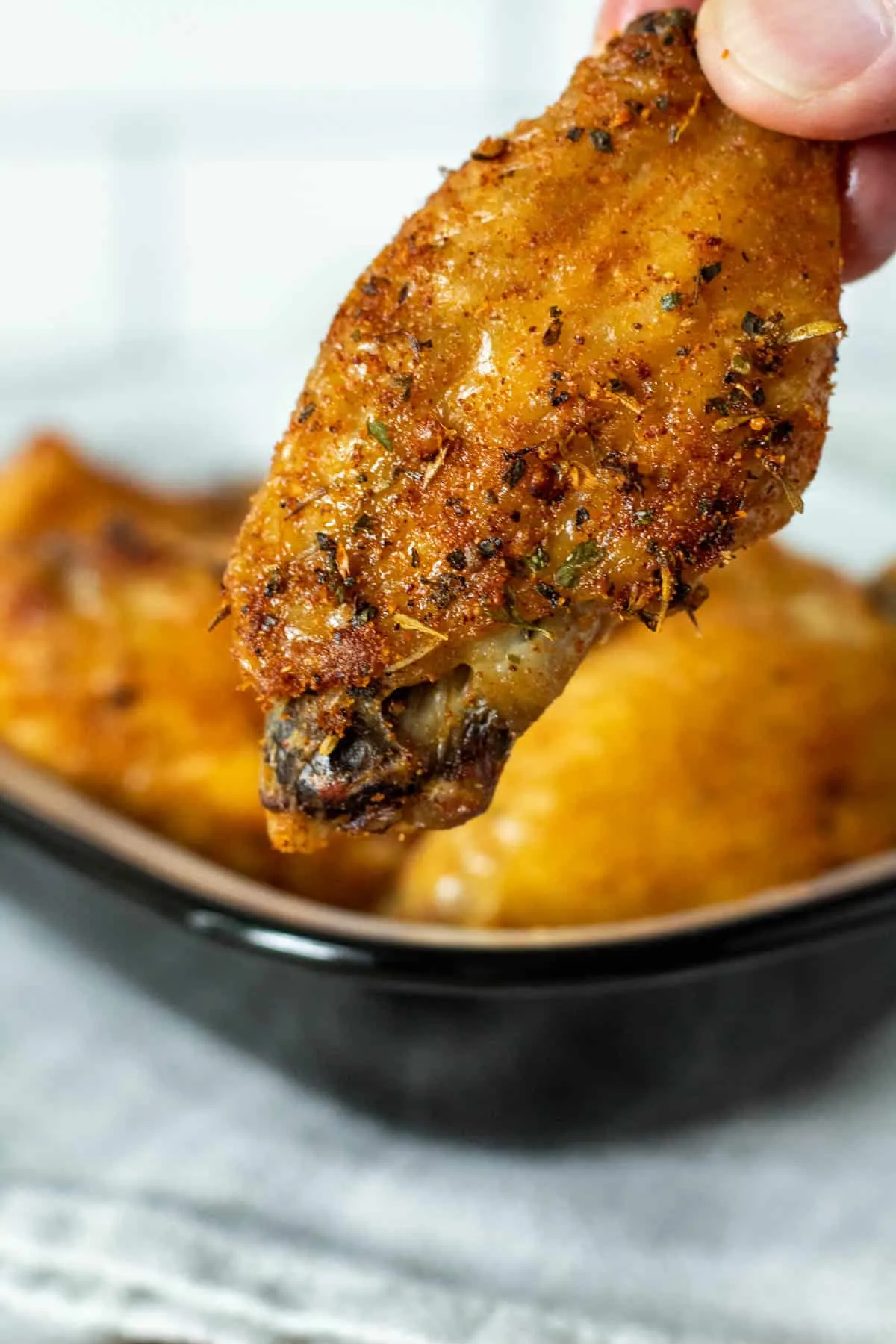 Close up of air fryer flat wing portion.