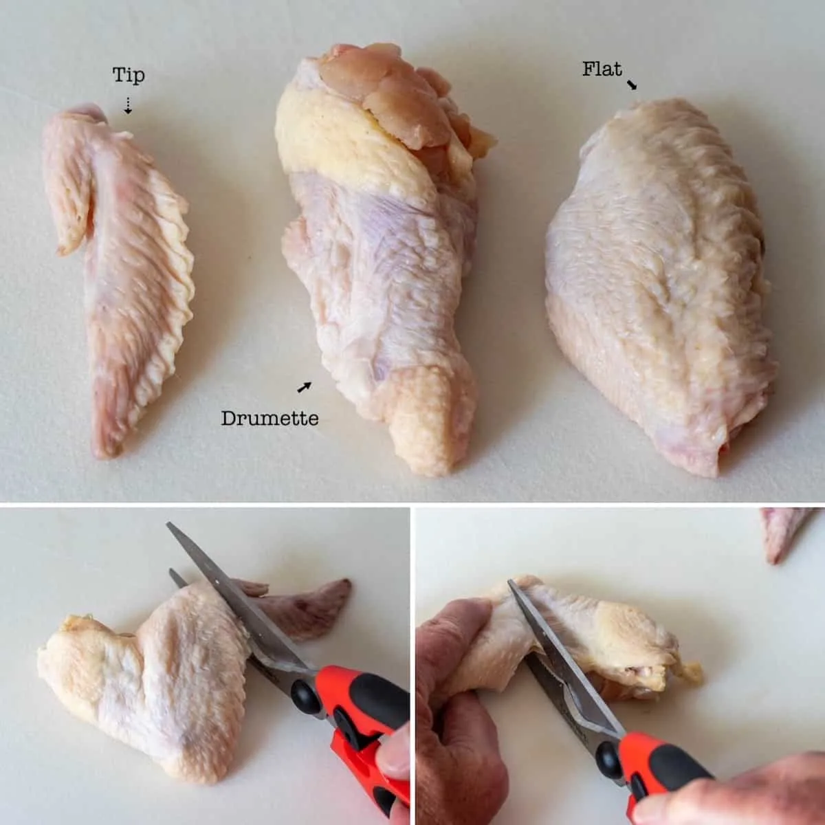 Three photo collage, how to break down a whole wing into portions.