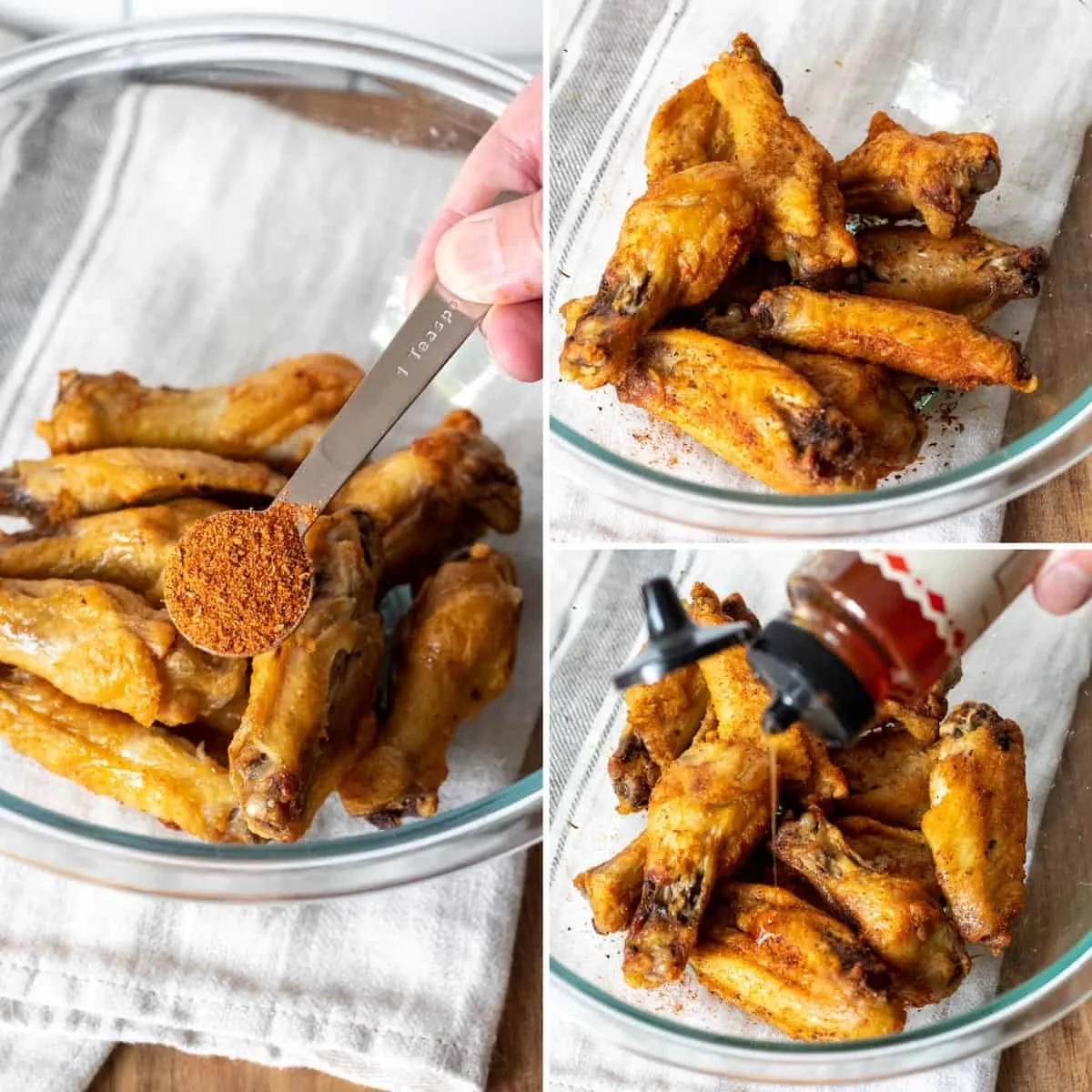 Three photo collage, seasoning wings with Cajun spices and hot honey.