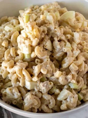 Tuna macaroni salad in serving bowl.