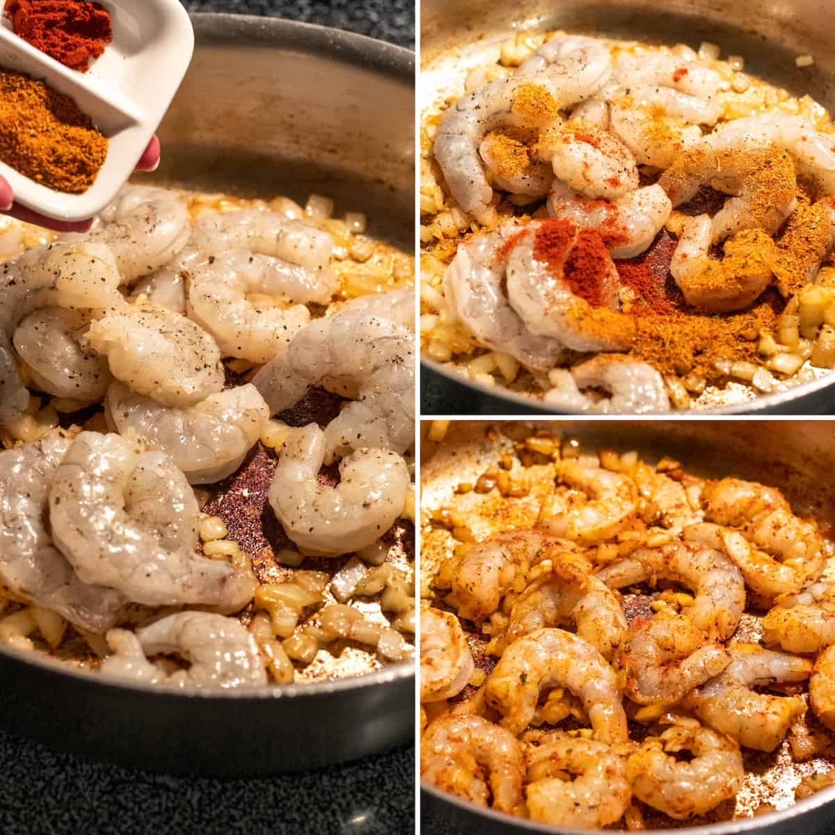 Adding the shrimp and spices process collage photo.