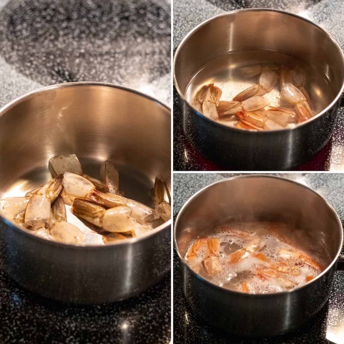 Three photo collage of making shrimp stock on the stove.