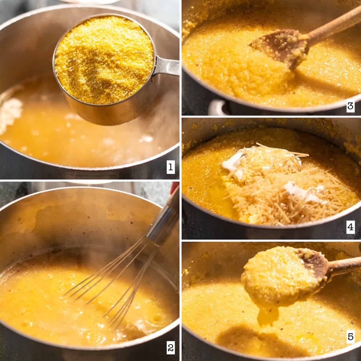 Making grits, five photo collage showing the steps.