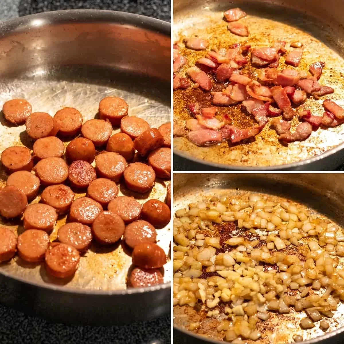 Three photo collage showing browning sausage, bacon and onions.