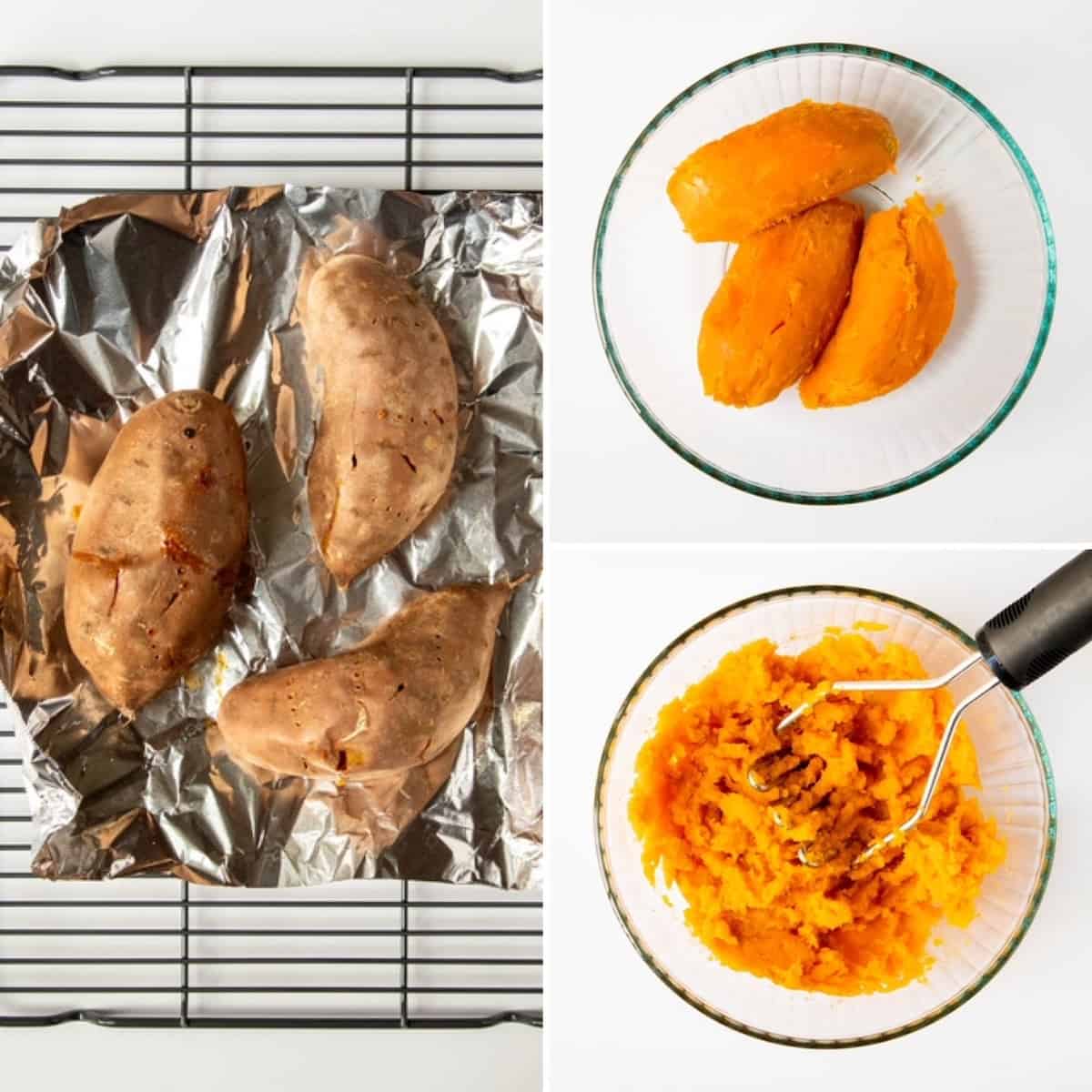 Three photo collage, baking and mashing sweet potatoes for pie filling
