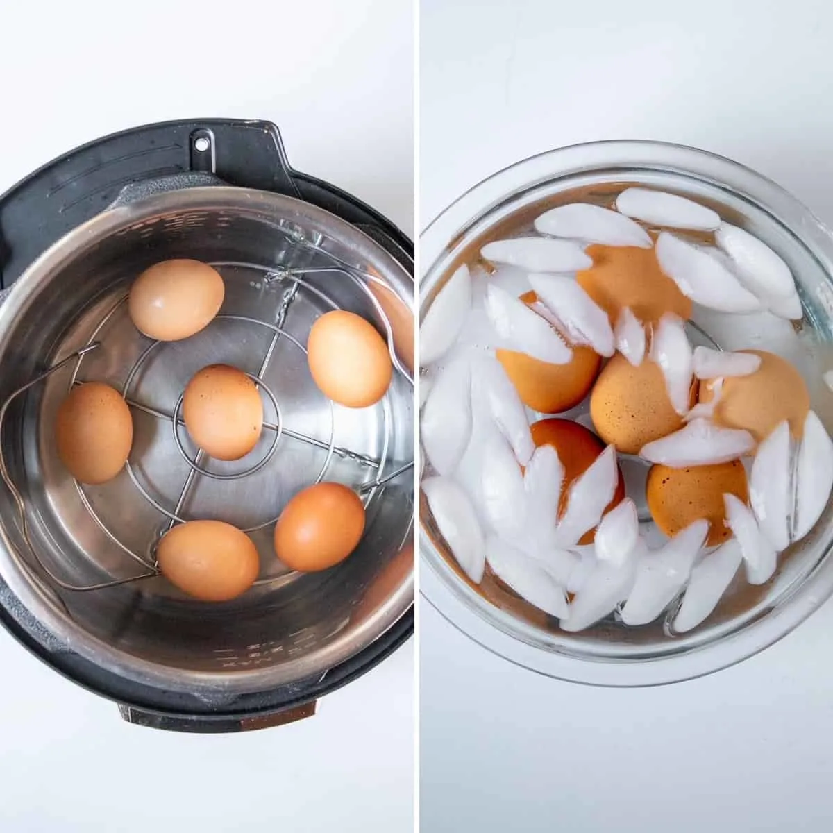 Two photo process collage, pressure cooking eggs and then submerged in ice bath.