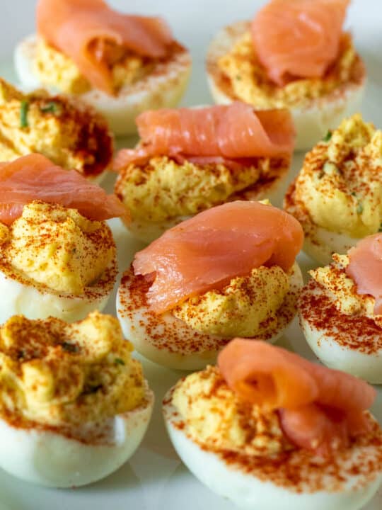 Close up of platter of smoked salmon deviled eggs.