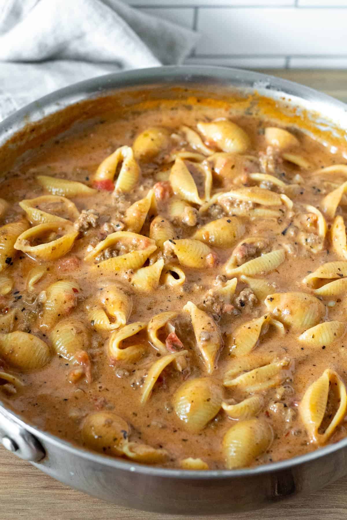 Finished pan of cheesy beef pasta.