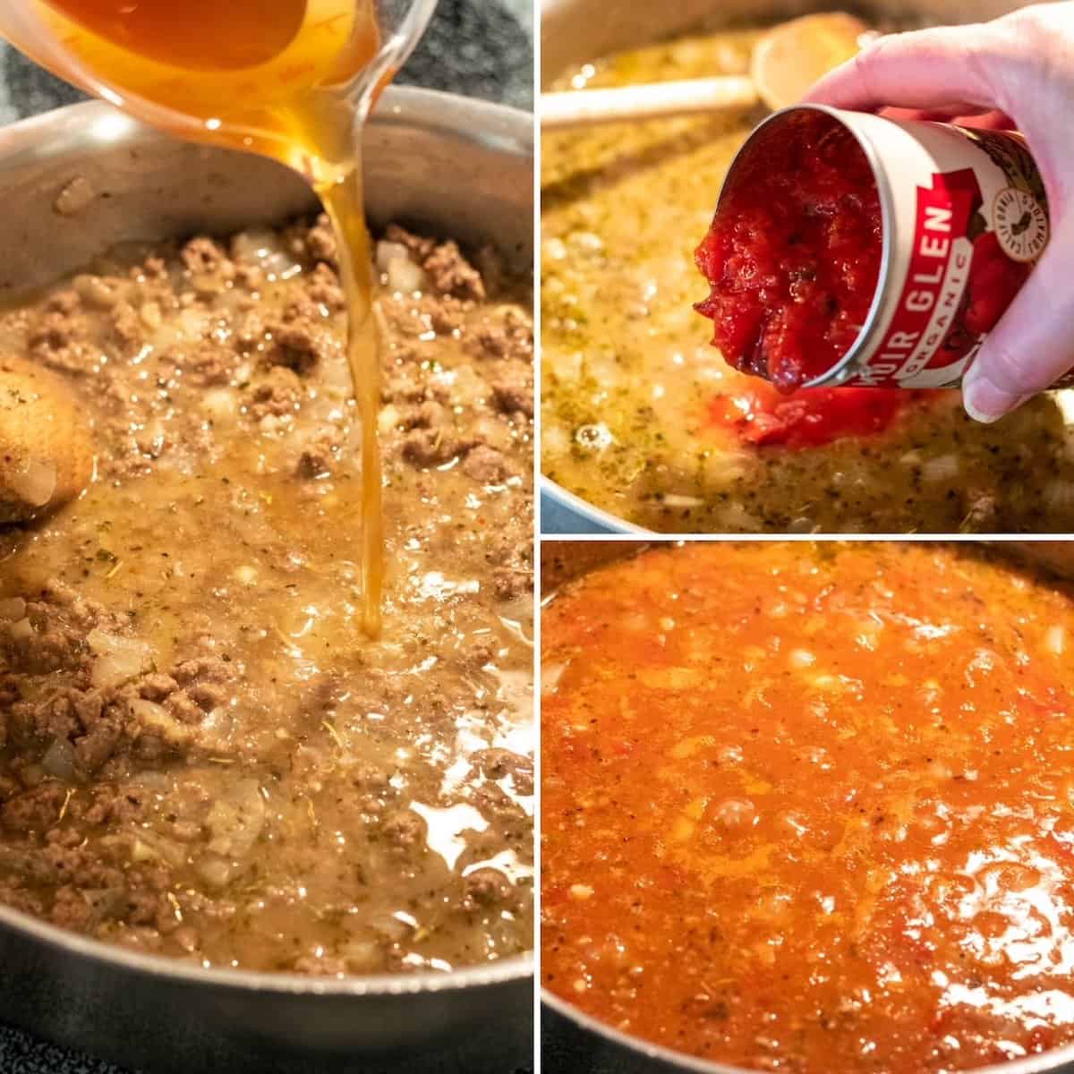 Three photo collage, adding broth and tomatoes, and simmering to thicken.