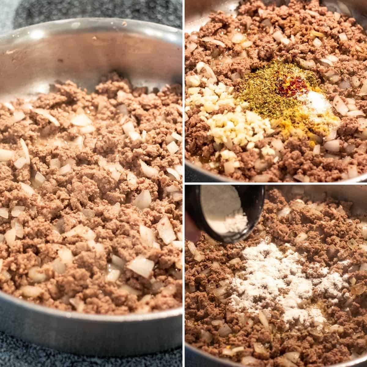 Three photo collage, browning ground beef, adding garlic and spices and then the flour.