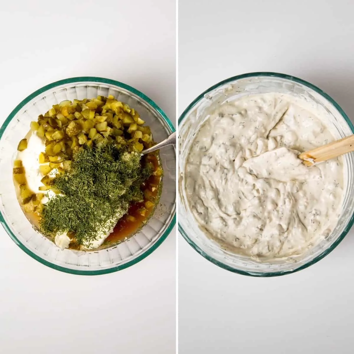 Side by side photos of dip ingredients in a bowl on the left and then mixed together on the right.