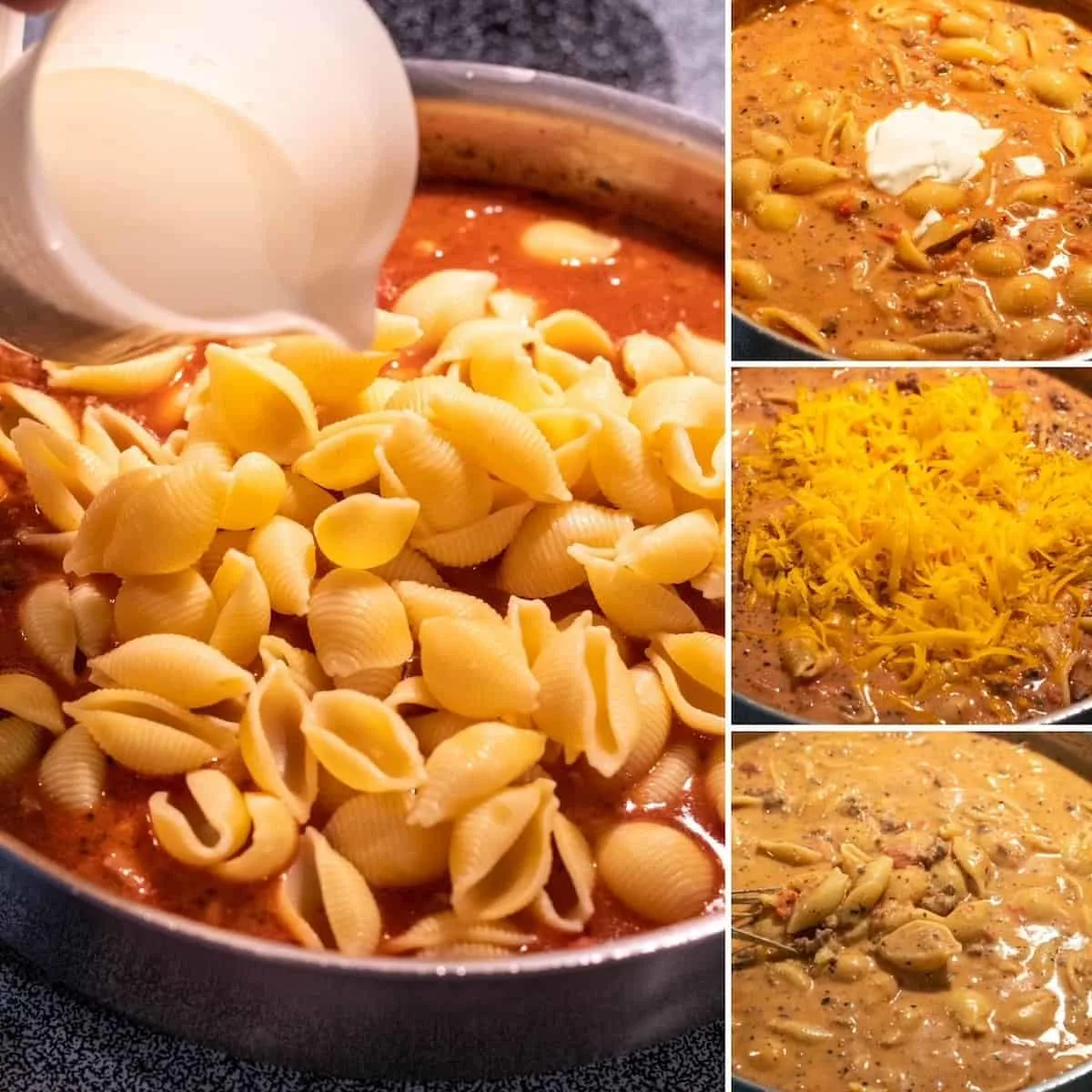 Four photo collage, adding the cream, sour cream and shredded cheese, stirring until melted and creamy.