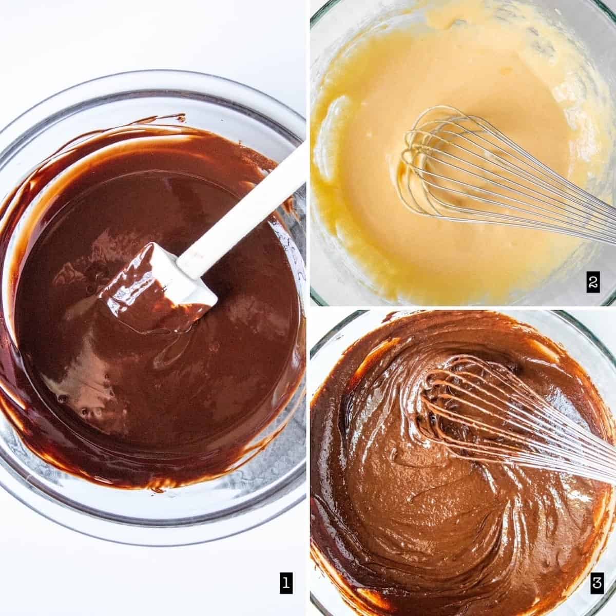 Three photo process collage mixing the chocolate cake batter.